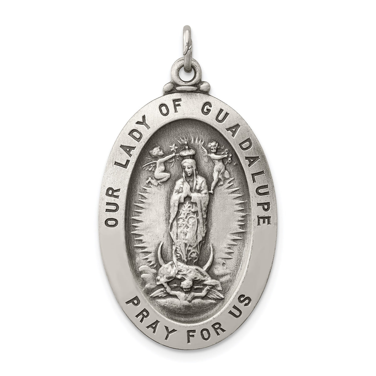Sterling Silver Pendant Featuring Our Lady of Guadalupe with Angel Figures, Catholic Religious Medal