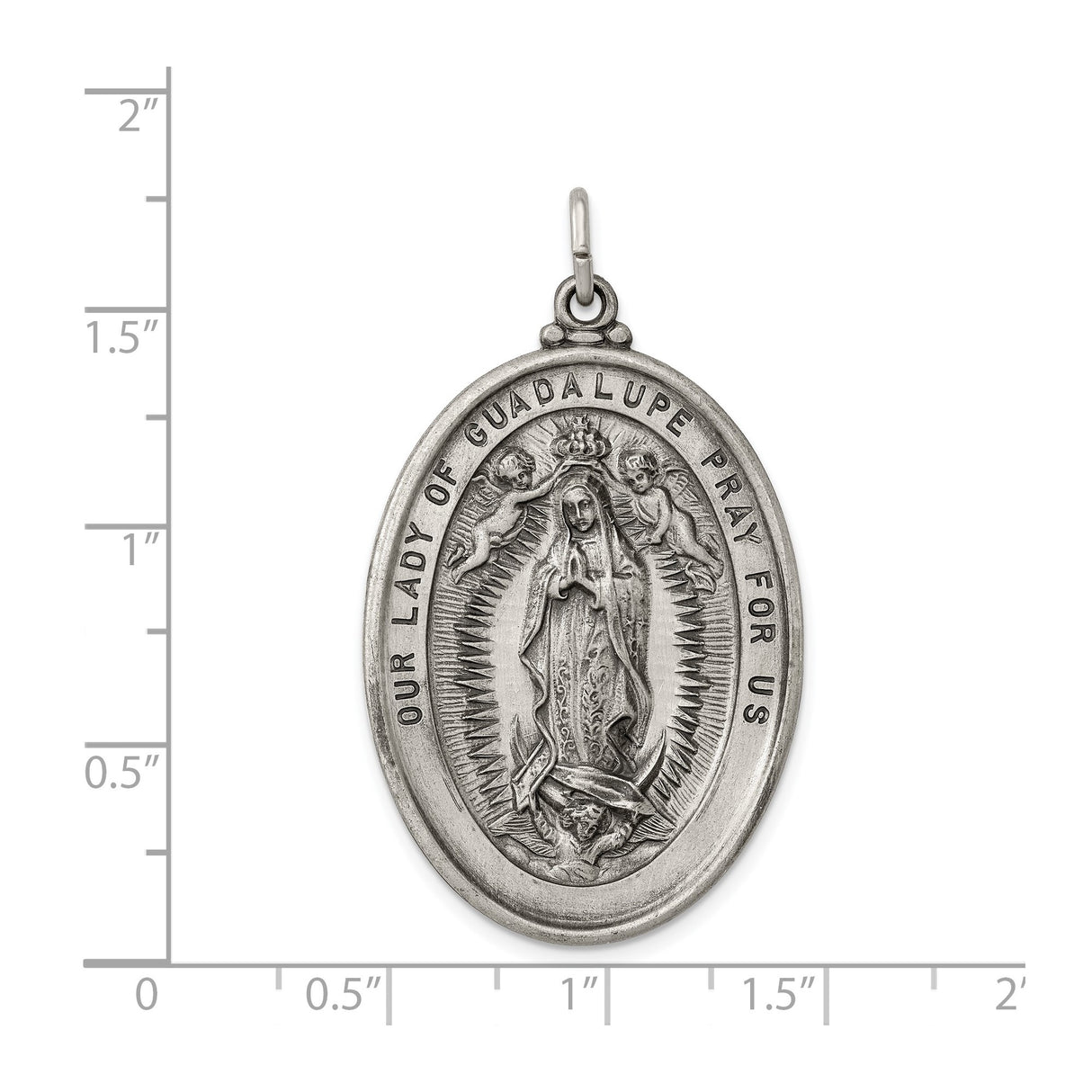 Sterling Silver Our Lady of Guadalupe Pendant, Oval Religious Medal with Angels and Pray for Us Inscription