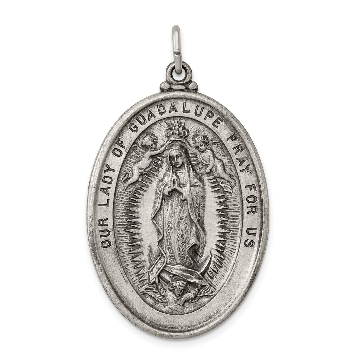 Sterling Silver Our Lady of Guadalupe Pendant, Oval Religious Medal with Angels and Pray for Us Inscription