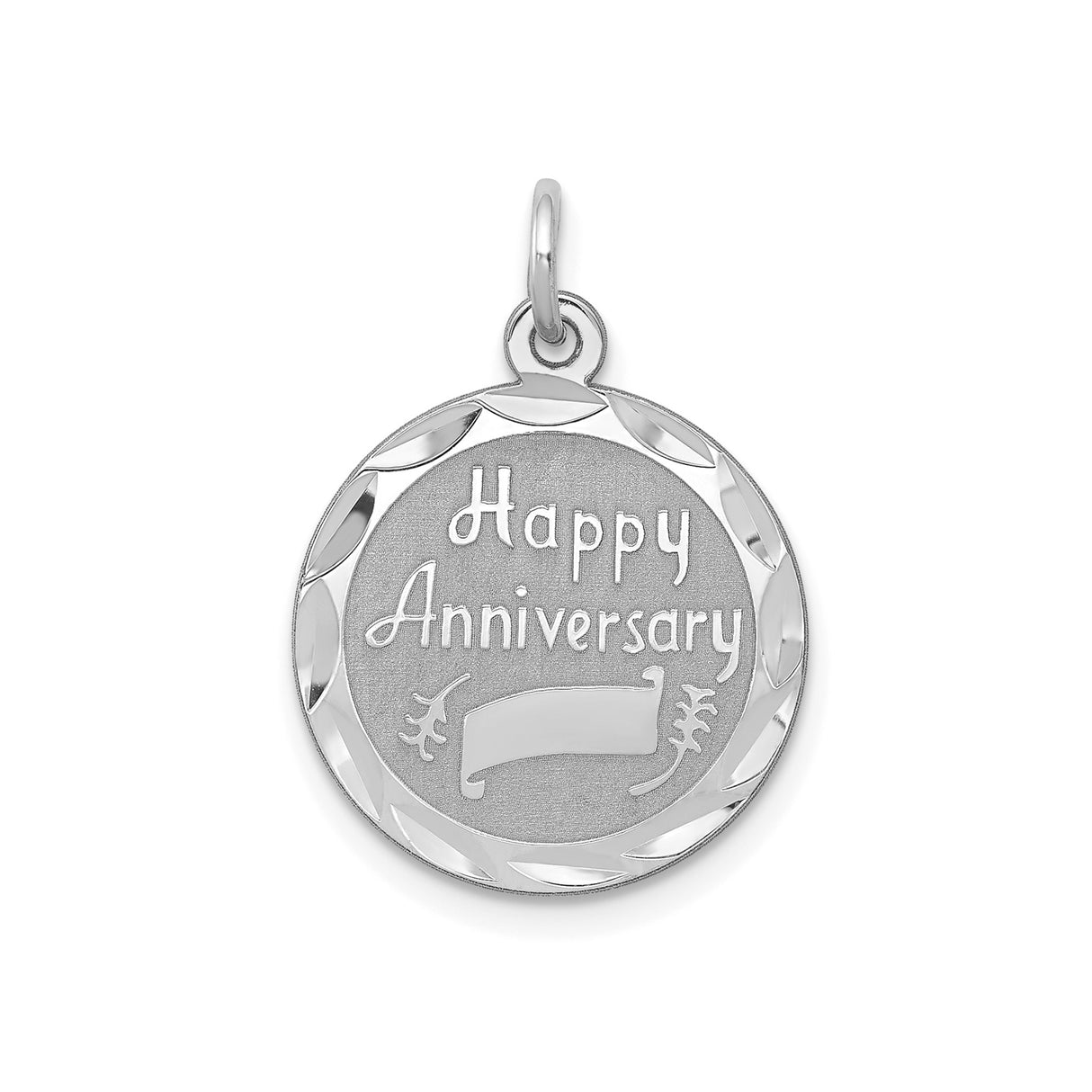 Sterling Silver Round Pendant with Happy Anniversary Engraving and Etched Border