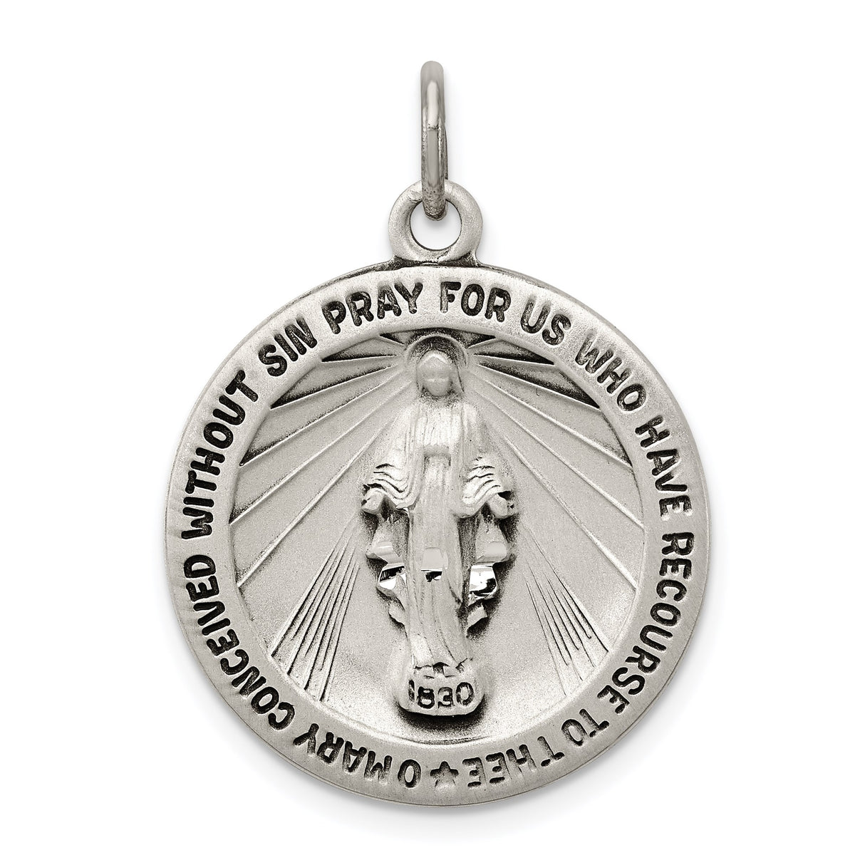 Sterling Silver Miraculous Medal Pendant with Virgin Mary Inscription, Religious Jewelry