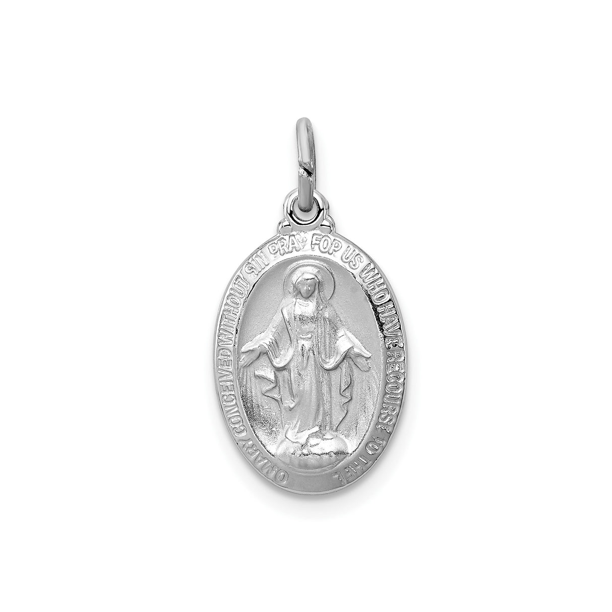 Sterling Silver Miraculous Medal Pendant Featuring Virgin Mary and Prayer