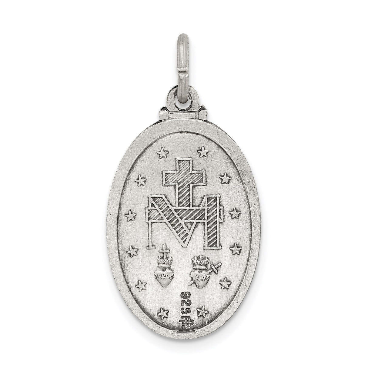 Sterling Silver Miraculous Medal Pendant Featuring Virgin Mary and Religious Inscription