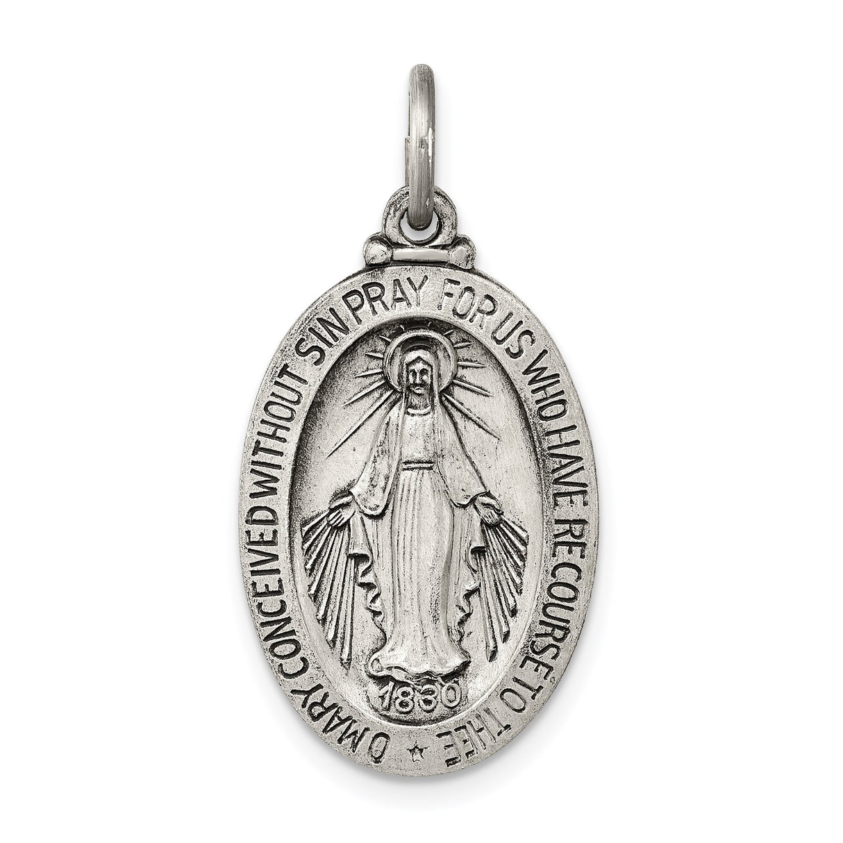 Sterling Silver Miraculous Medal Pendant Featuring Virgin Mary and Religious Inscription