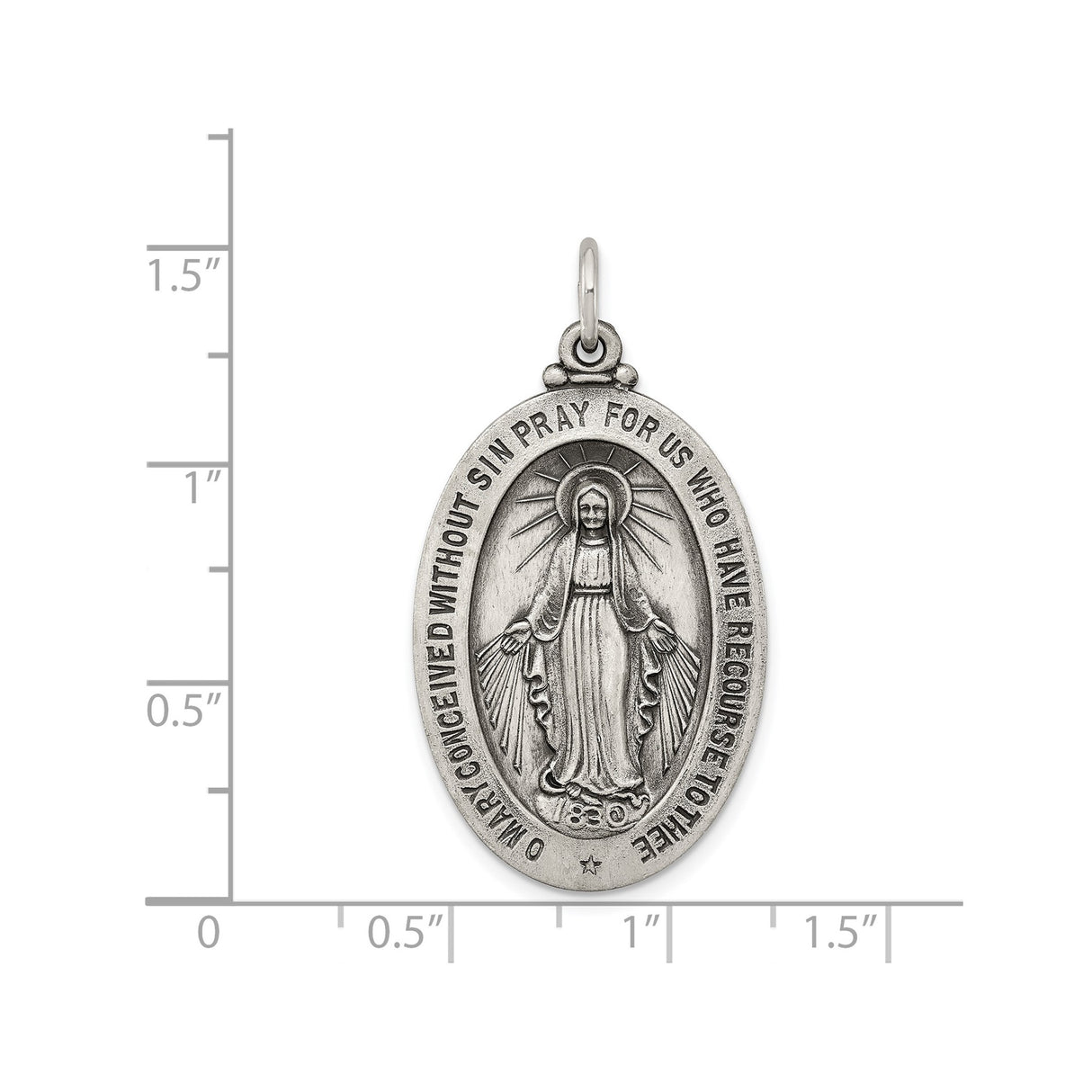 Sterling Silver Miraculous Medal Pendant with Virgin Mary and O Mary Conceived Prayer