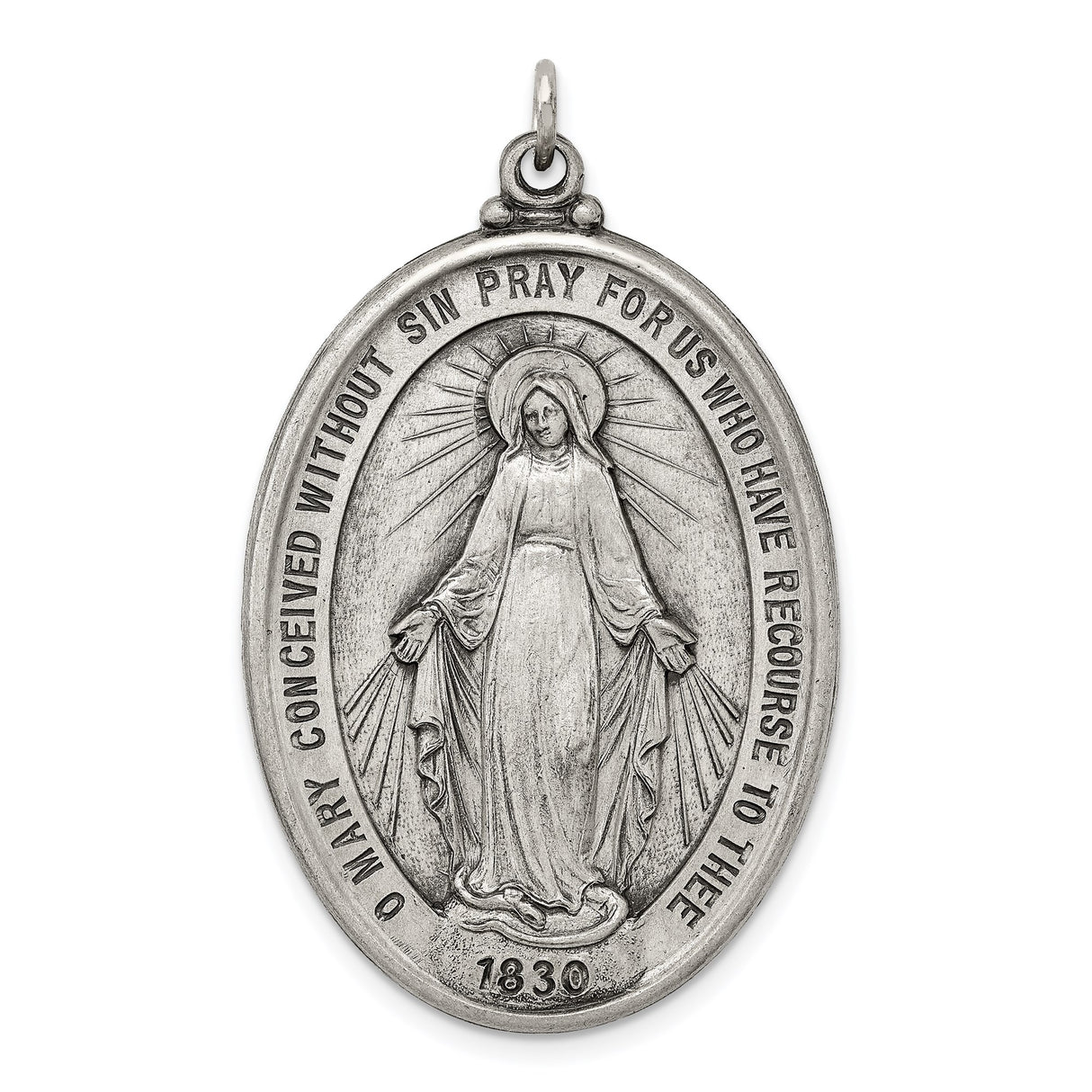 Sterling Silver Miraculous Medal Pendant Featuring Virgin Mary and 1830 Inscription