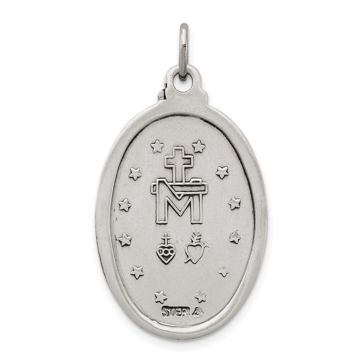 Sterling Silver Miraculous Medal Pendant with Virgin Mary and Prayer Inscription