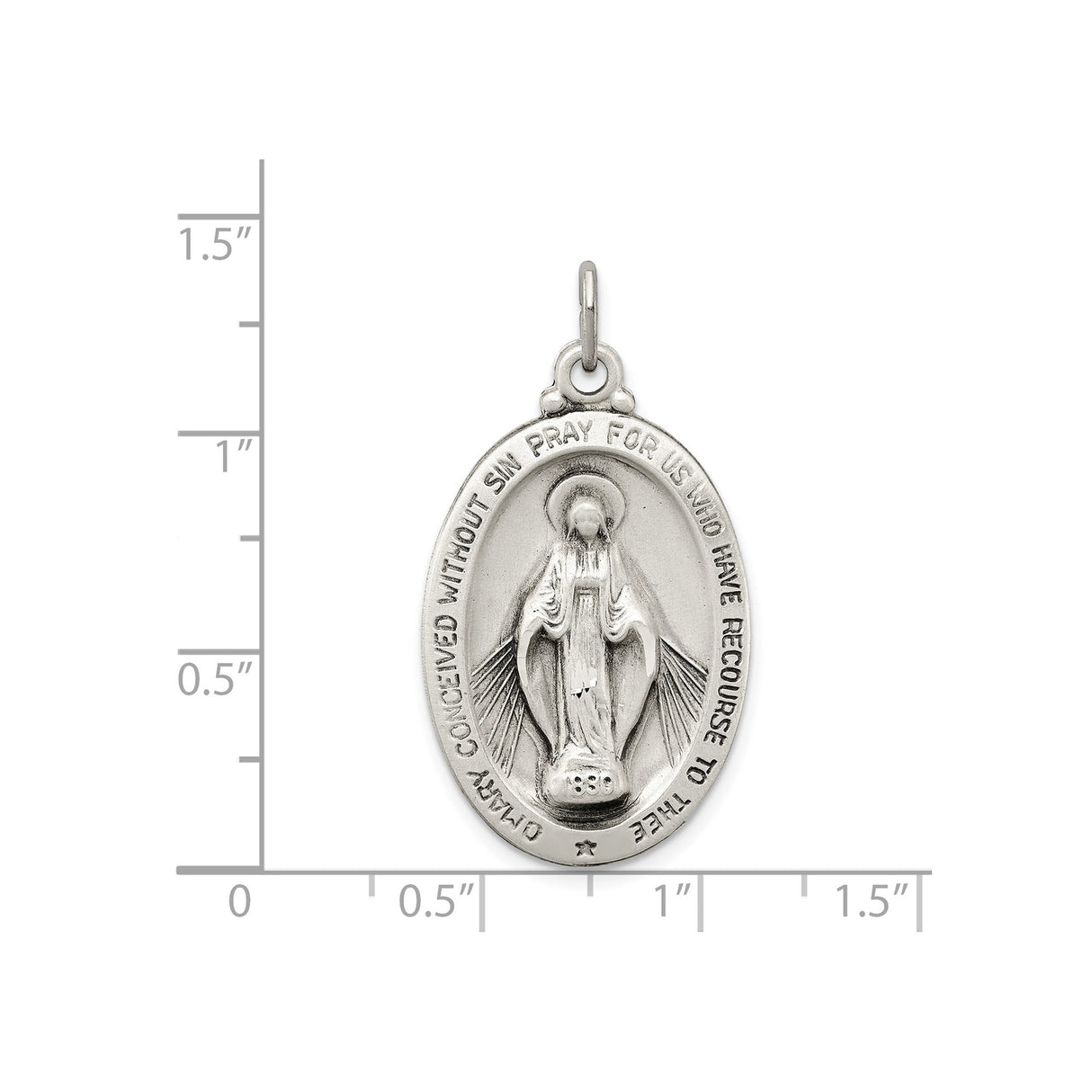 Sterling Silver Miraculous Medal Pendant with Virgin Mary and Prayer Inscription