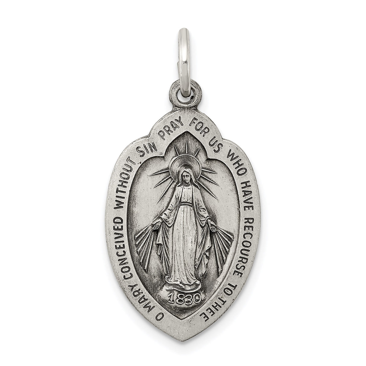 Sterling Silver Miraculous Medal Pendant with Virgin Mary and Prayer Inscription