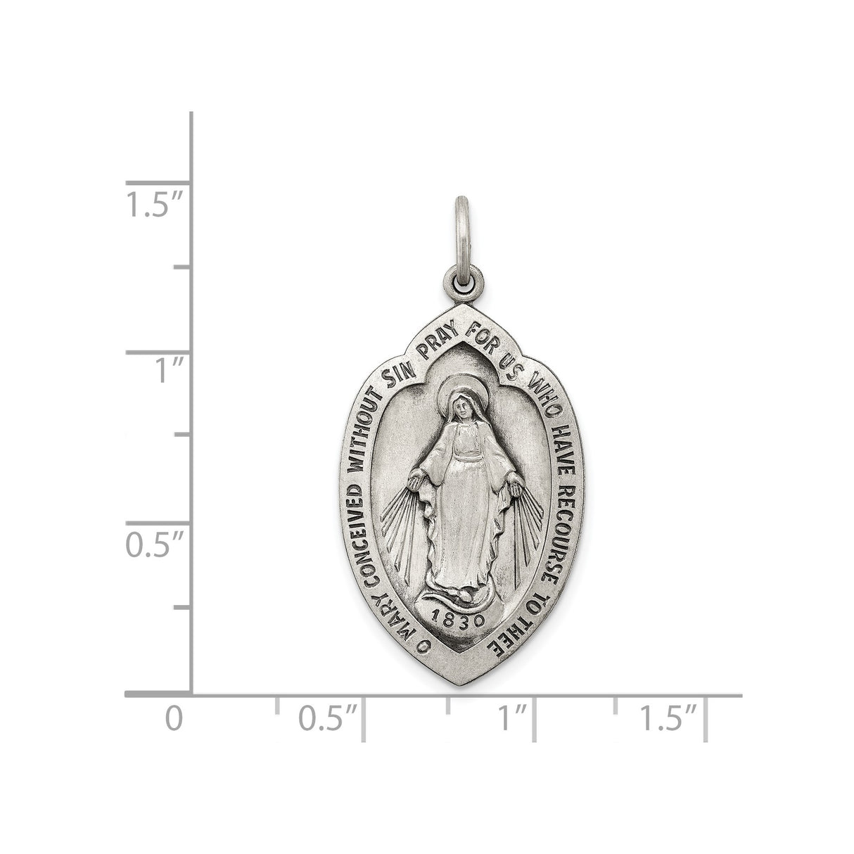 Sterling Silver Miraculous Medal Pendant with Virgin Mary and O Mary Conceived Prayer