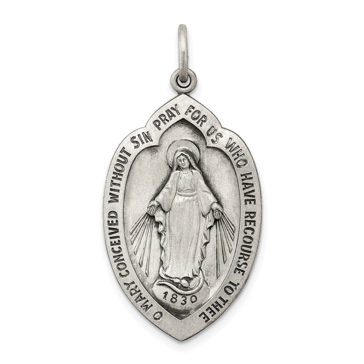 Sterling Silver Miraculous Medal Pendant with Virgin Mary and O Mary Conceived Prayer