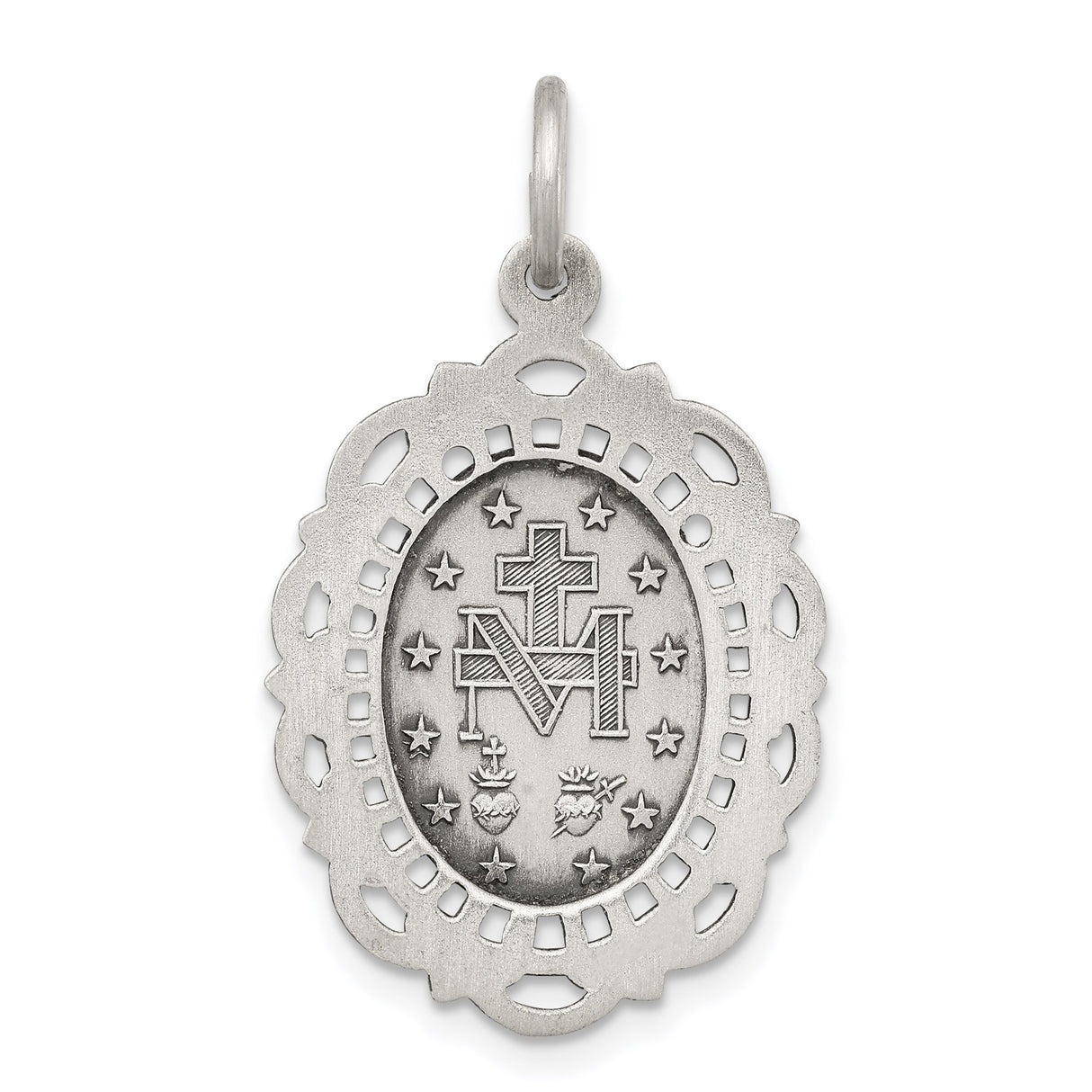 Sterling Silver Miraculous Medal Pendant Featuring Virgin Mary and Religious Inscription