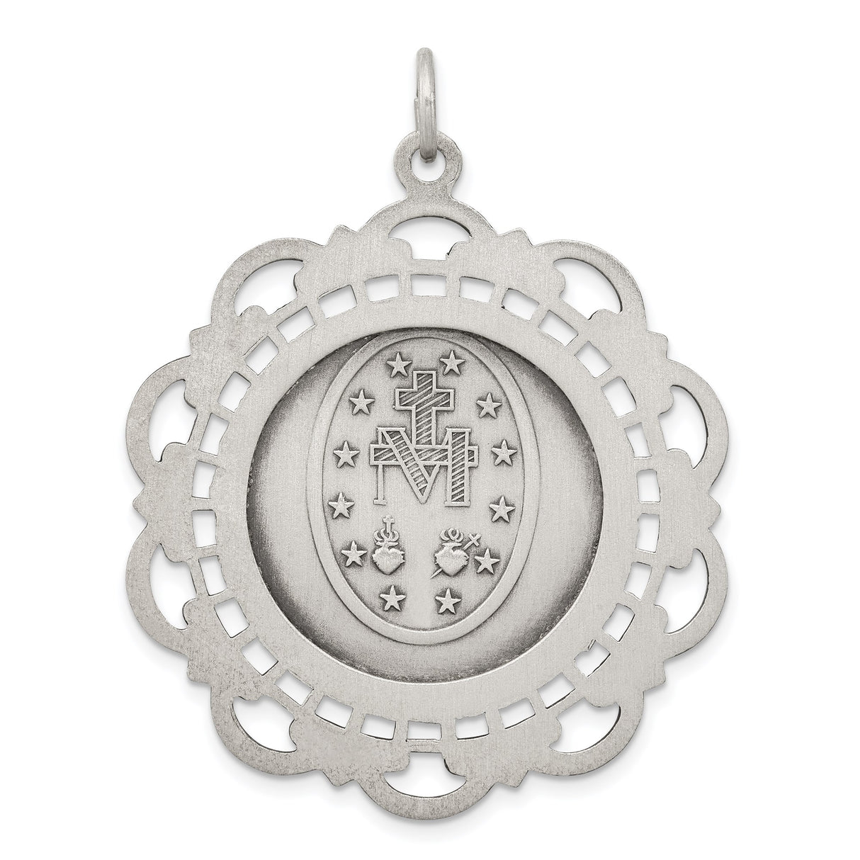 Sterling Silver Miraculous Medal Pendant Featuring Virgin Mary and Devotional Inscription