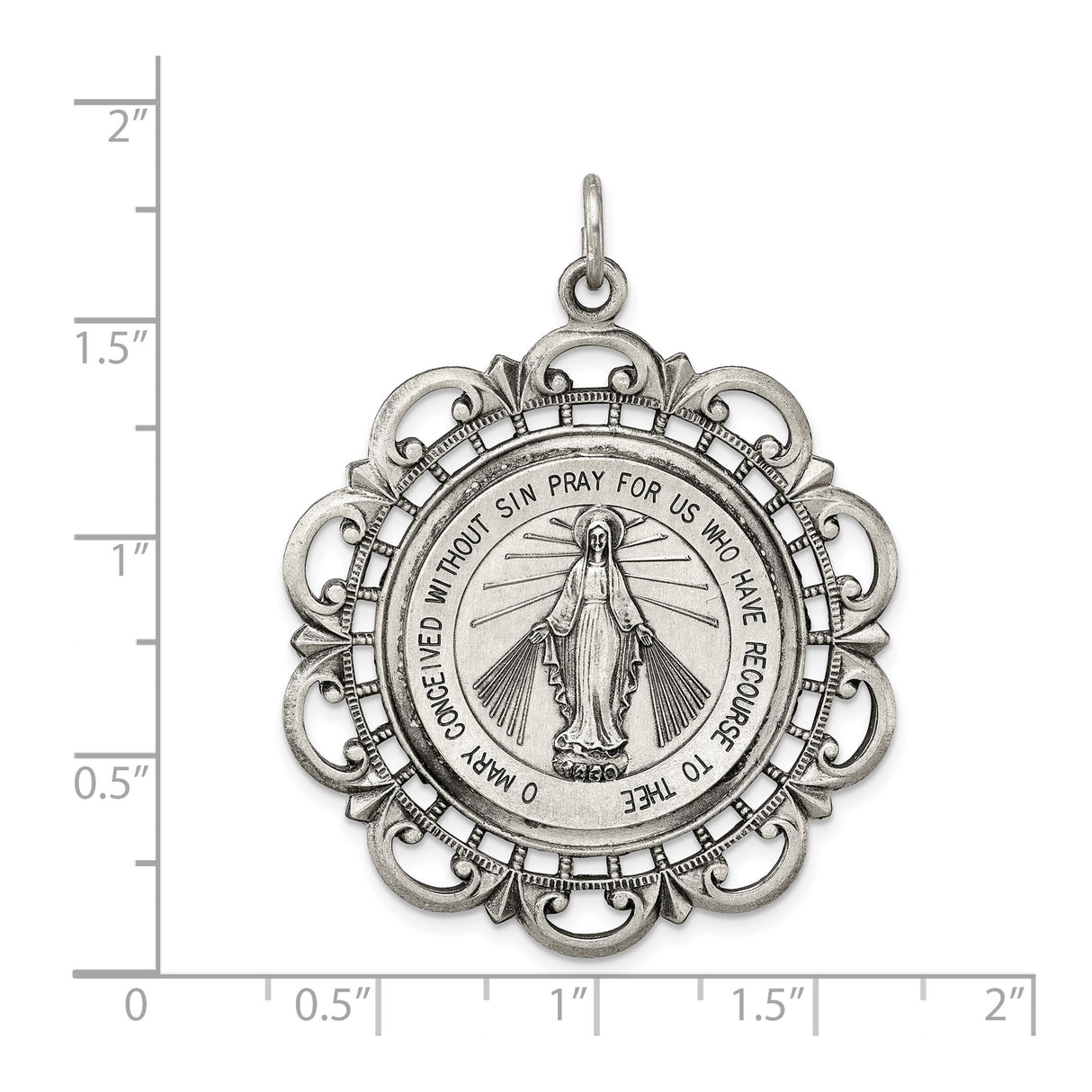 Sterling Silver Miraculous Medal Pendant Featuring Virgin Mary and Devotional Inscription
