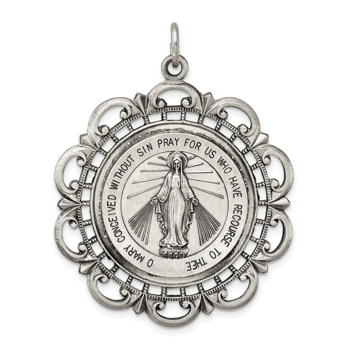Sterling Silver Miraculous Medal Pendant Featuring Virgin Mary and Devotional Inscription