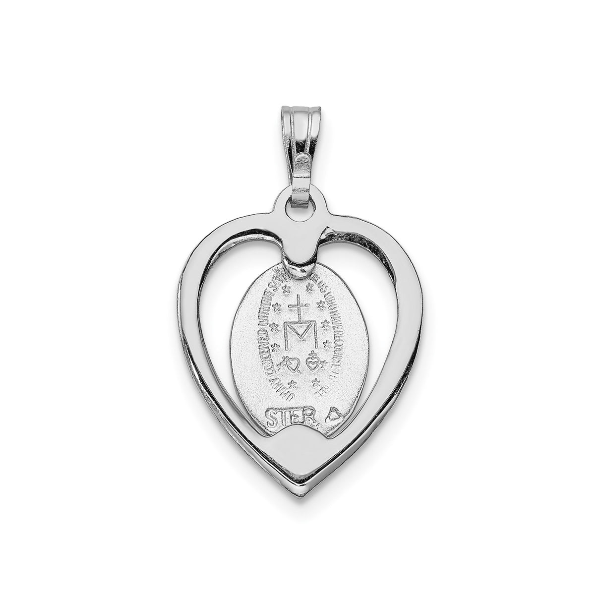 Sterling Silver Miraculous Medal Pendant, Heart Shaped Blue Enamel Virgin Mary Charm