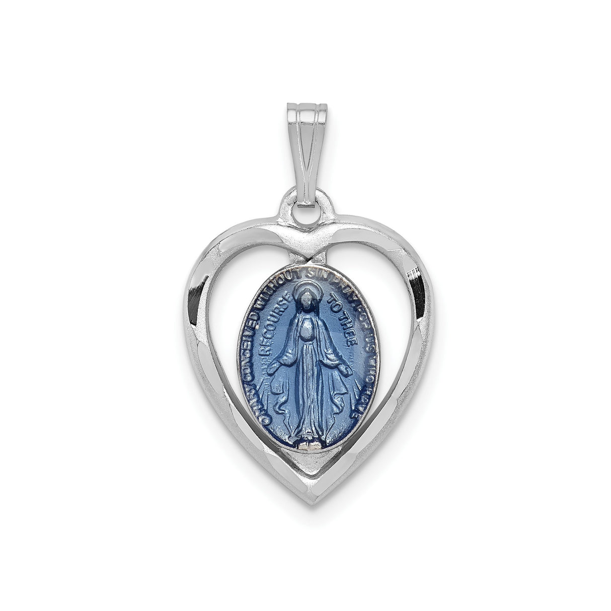 Sterling Silver Miraculous Medal Pendant, Heart Shaped Blue Enamel Virgin Mary Charm