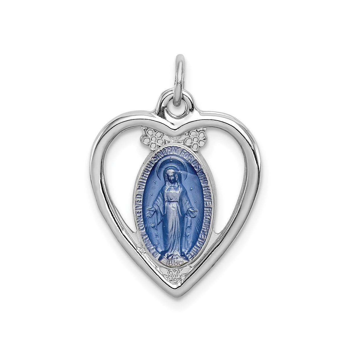 Sterling Silver Heart Pendant with Blue Enamel Virgin Mary and Marian Symbols