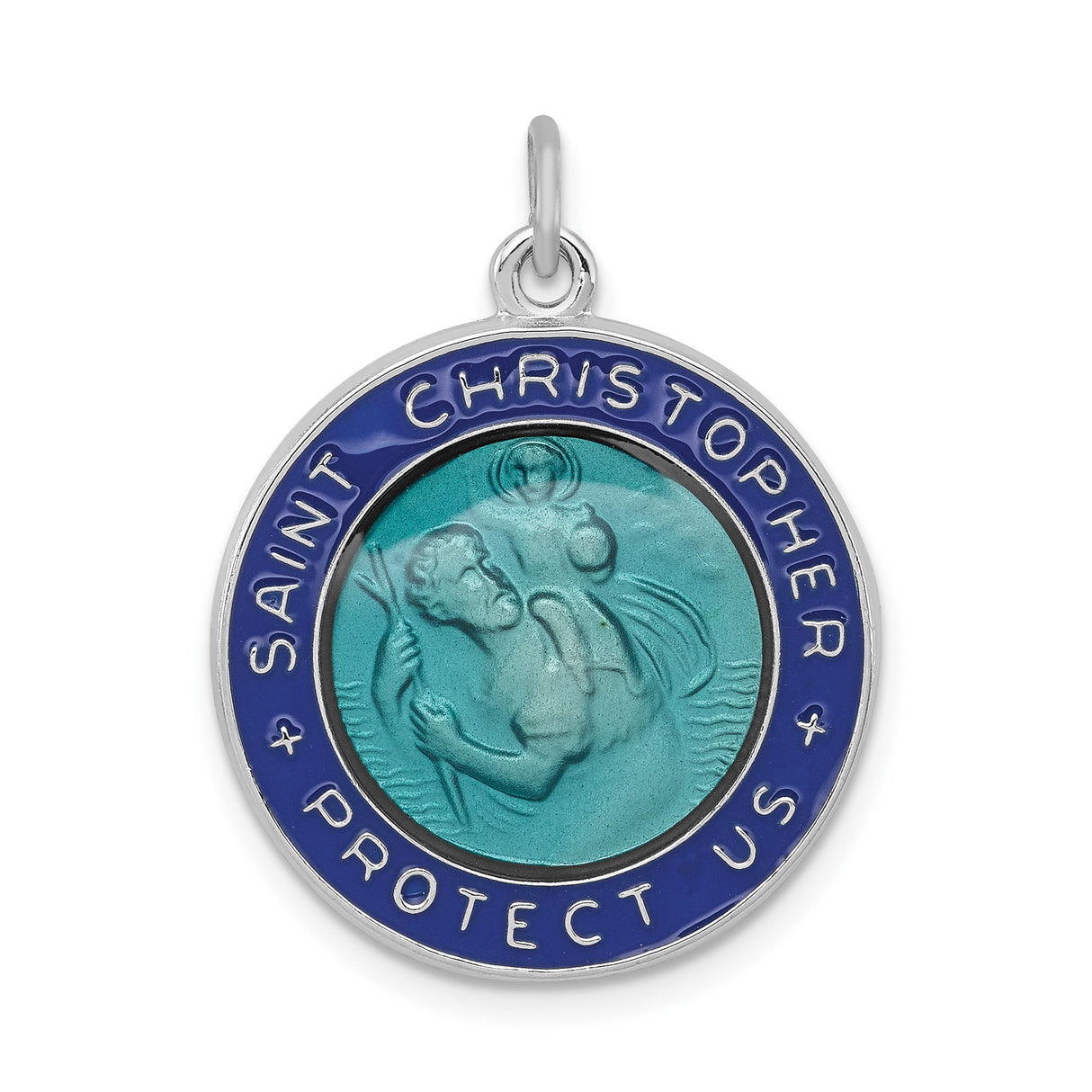 Sterling Silver Saint Christopher Medal Pendant with Blue Enamel, Travel Protection Charm