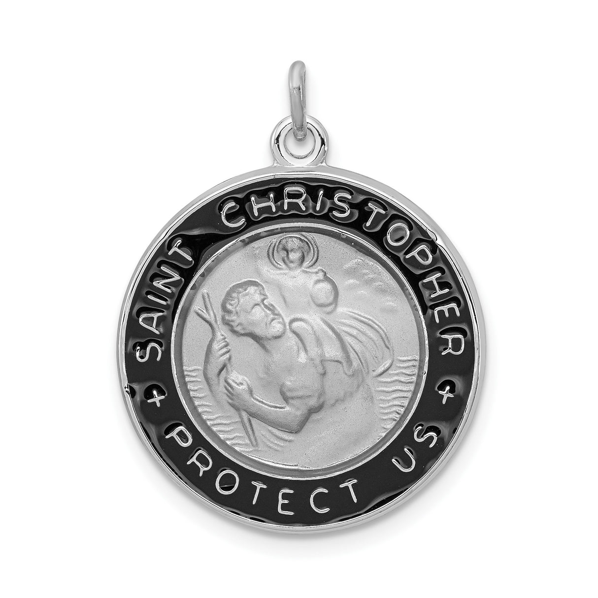Sterling Silver Saint Christopher Pendant with Black Enamel Accents, Religious Travel Charm