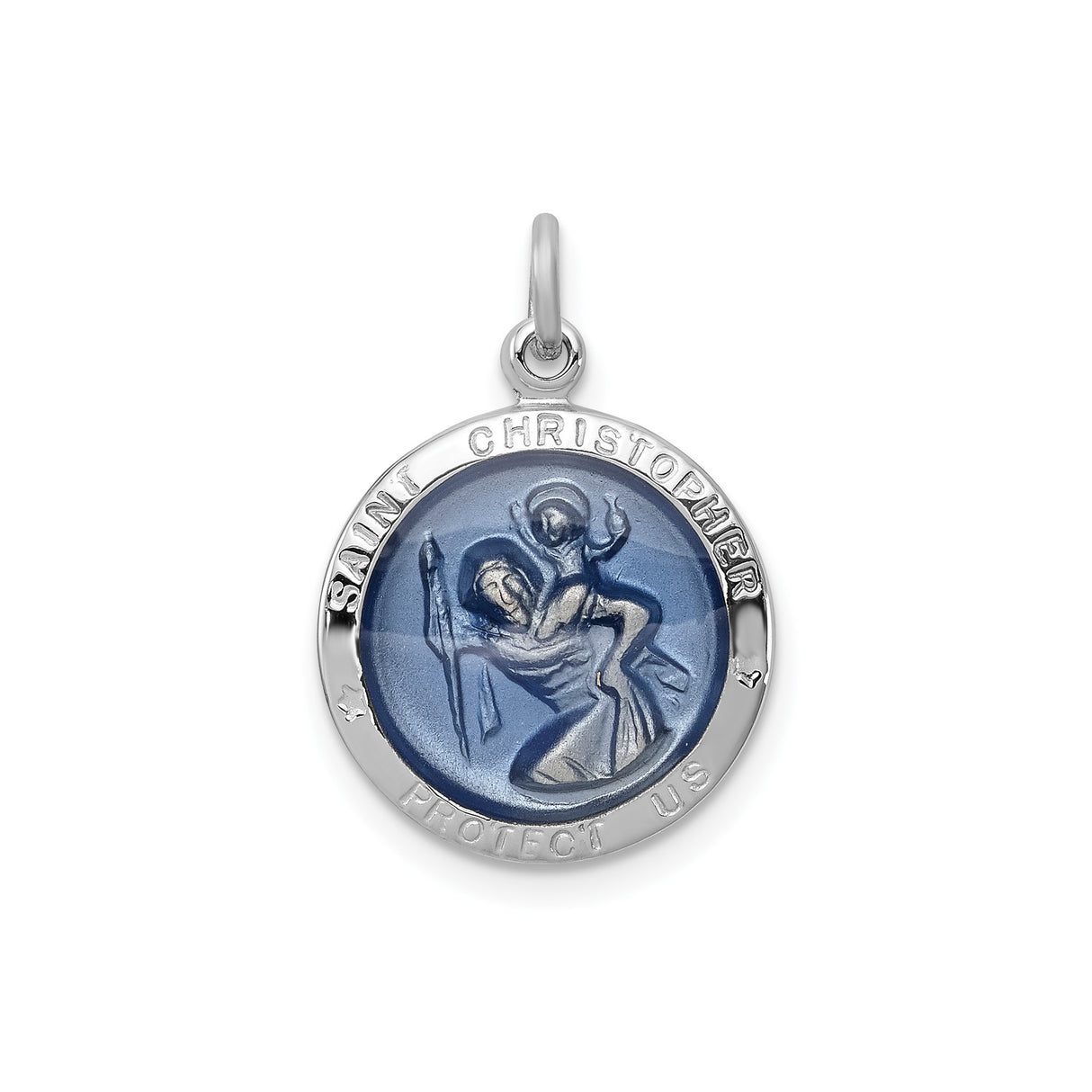 Sterling Silver Saint Christopher Pendant with Blue Epoxy Enamel, Travel Protection Medal