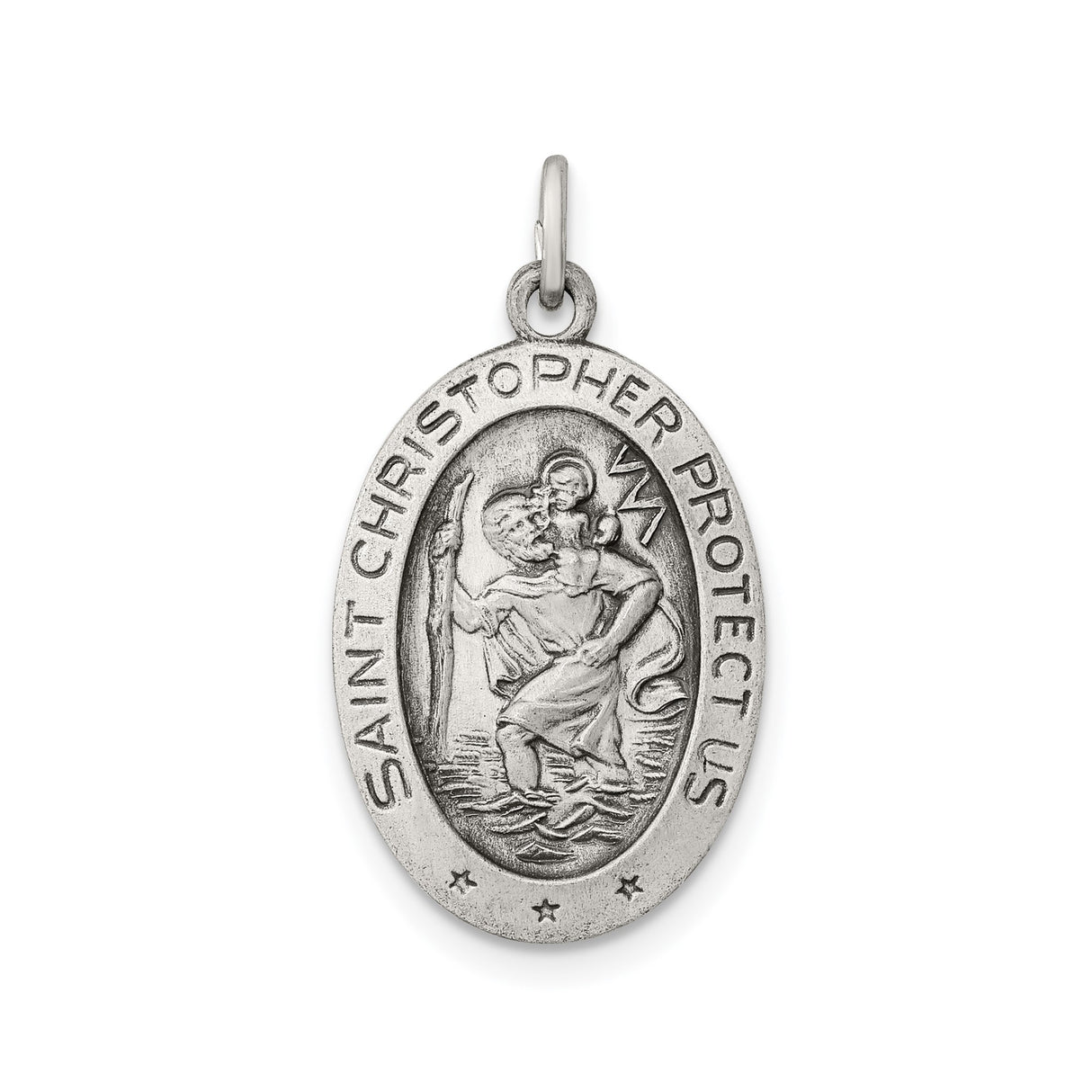 Sterling Silver Saint Christopher Oval Medal Pendant with Brushed Finish for Travel Protection