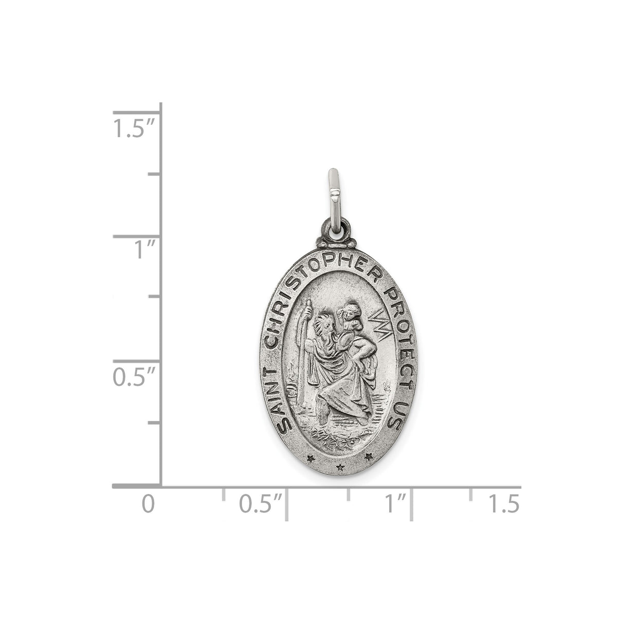 Sterling Silver Saint Christopher Oval Pendant with Bold Lettering, Travel Protection Medal