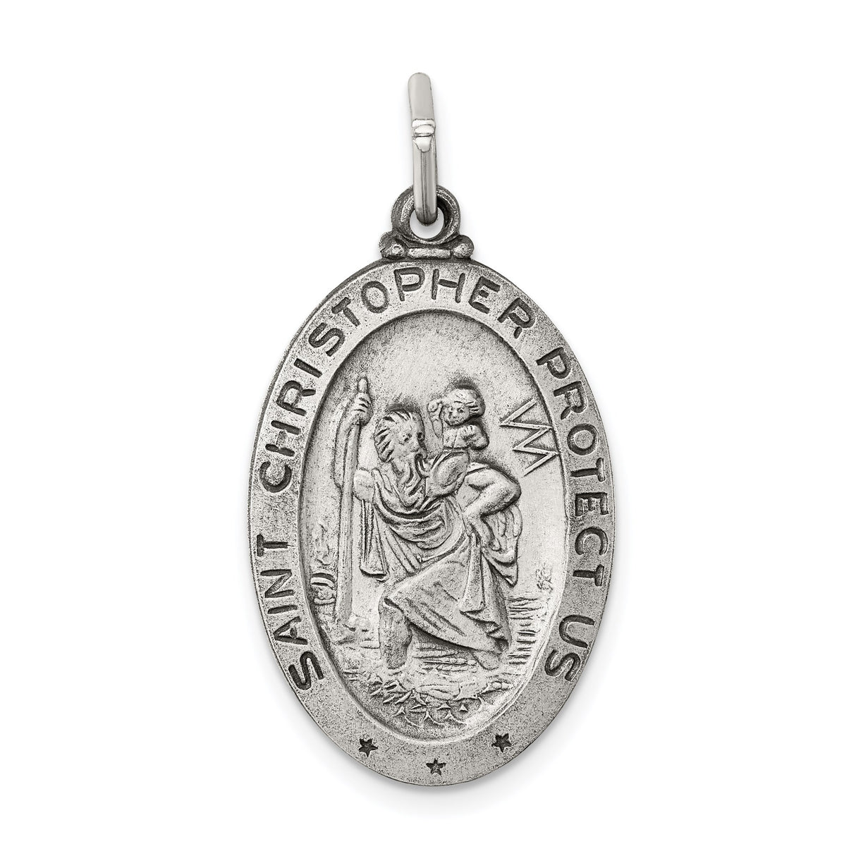 Sterling Silver Saint Christopher Oval Pendant with Bold Lettering, Travel Protection Medal