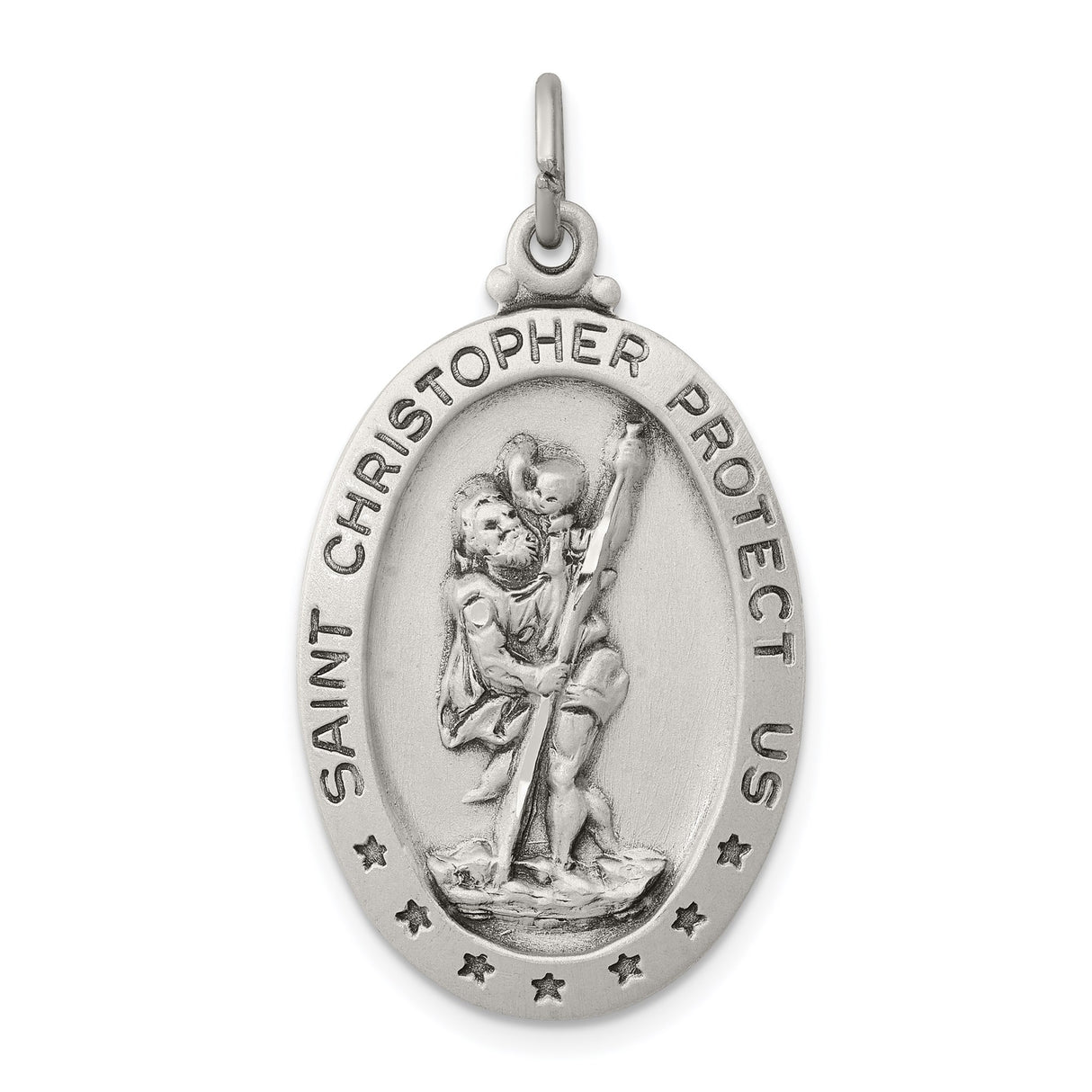 Sterling Silver Saint Christopher Pendant with Brushed Oval Medallion and Celestial Accents