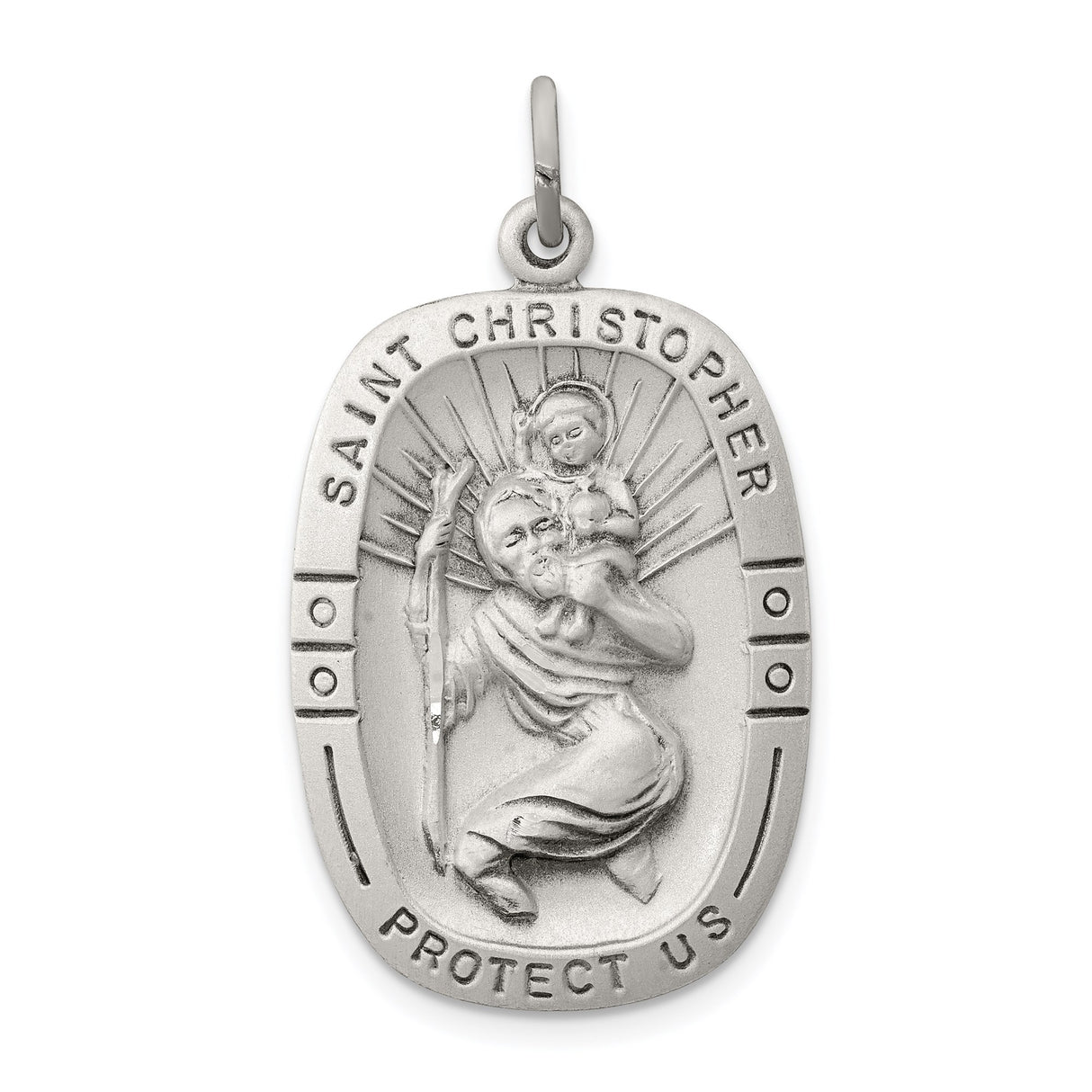 Sterling Silver Saint Christopher Medal Pendant with Sunburst Design and Matte Finish