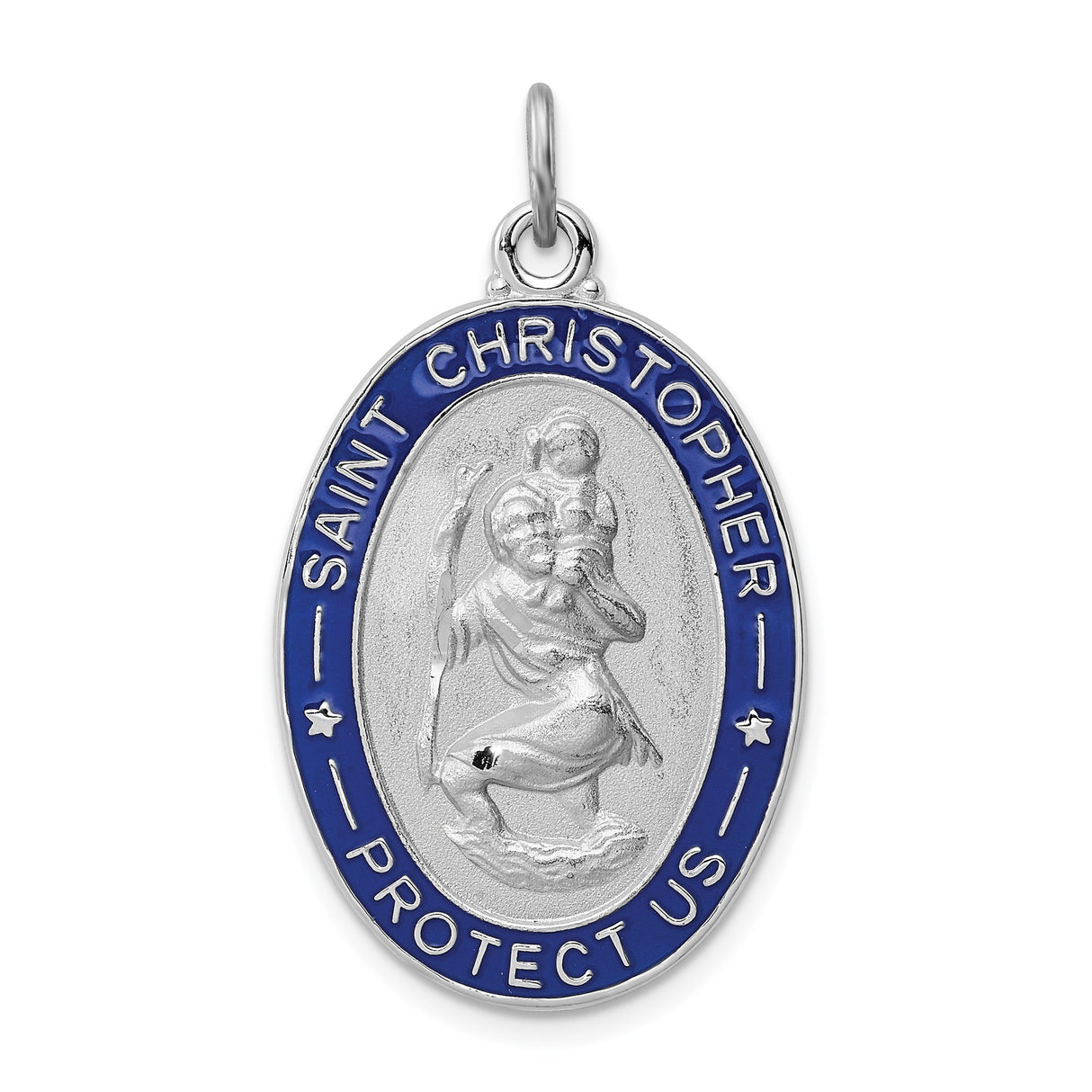 Sterling Silver Saint Christopher Oval Medal with Blue Enamel, Travel Protection Pendant Charm