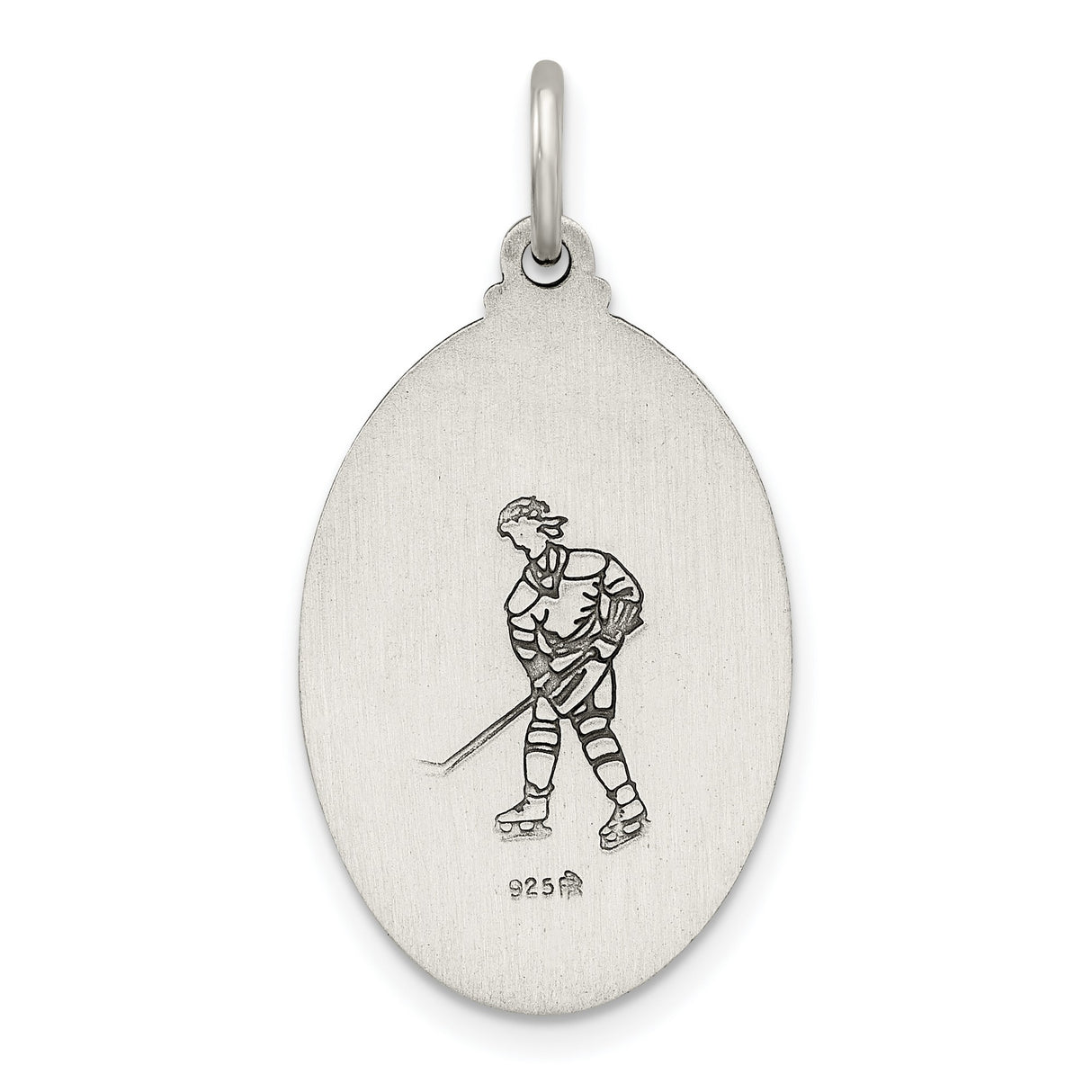 Saint Christopher Protect Us Words and Hockey Player Image on Oval Charm Pendant in Real 925 Sterling Silver