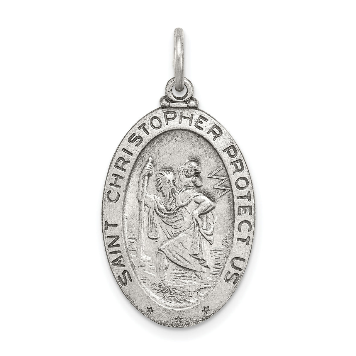 Saint Christopher Protect Us Words and Hockey Player Image on Oval Charm Pendant in Real 925 Sterling Silver