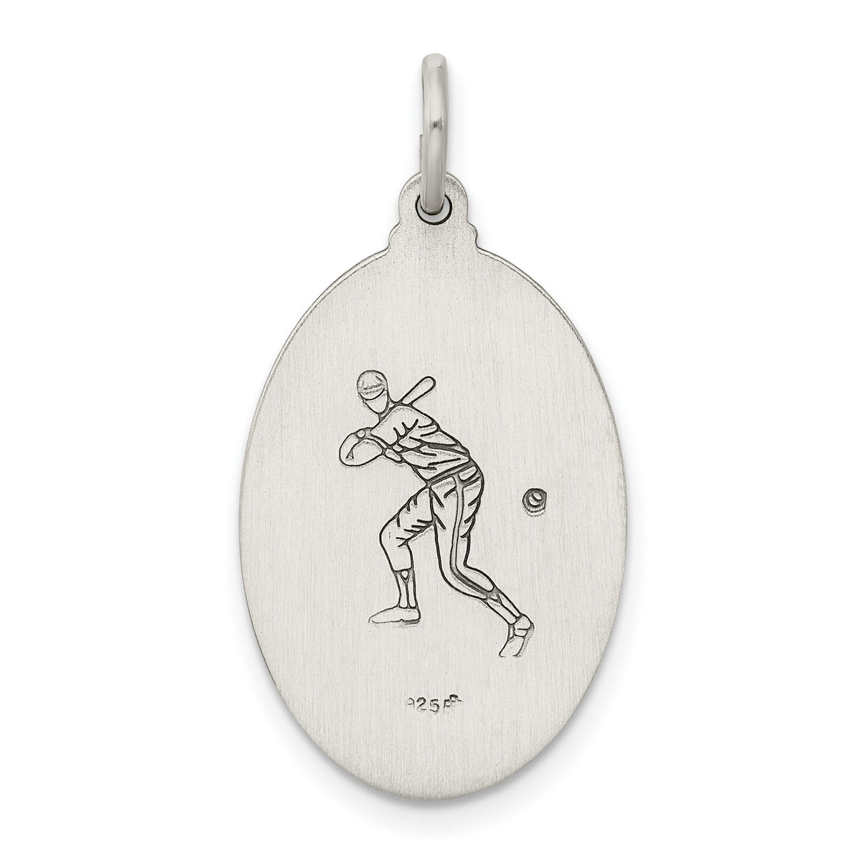 Saint Christopher Protect Us Words and Baseball Player Image on Oval Charm Pendant in Real 925 Sterling Silver