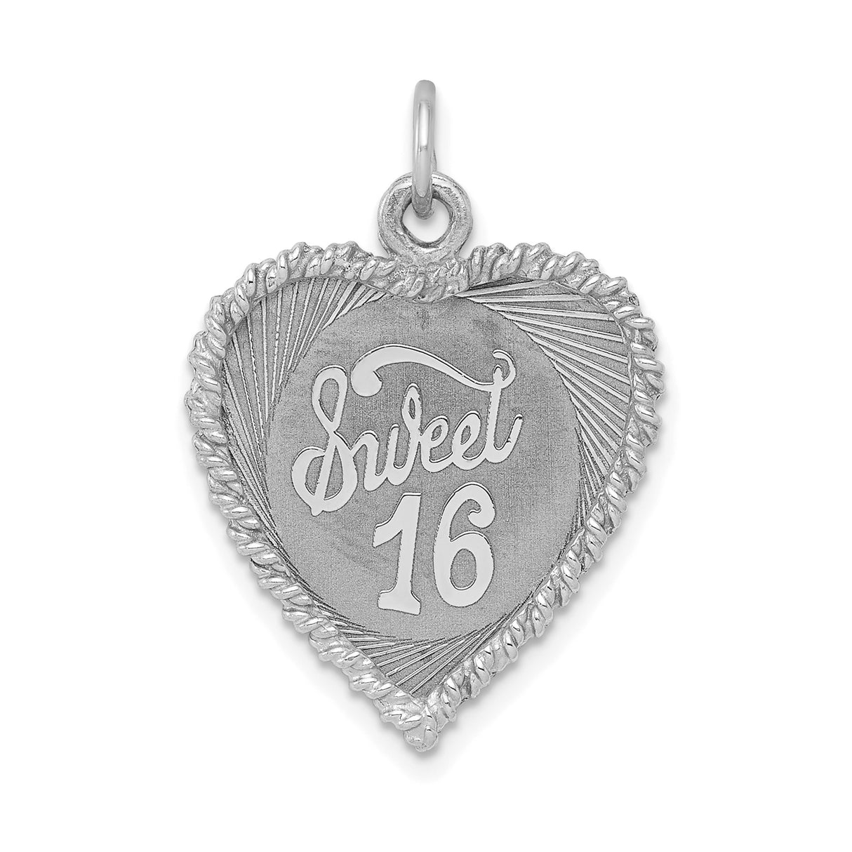 Sterling Silver Heart Pendant with Sweet 16 Engraving and Textured Border