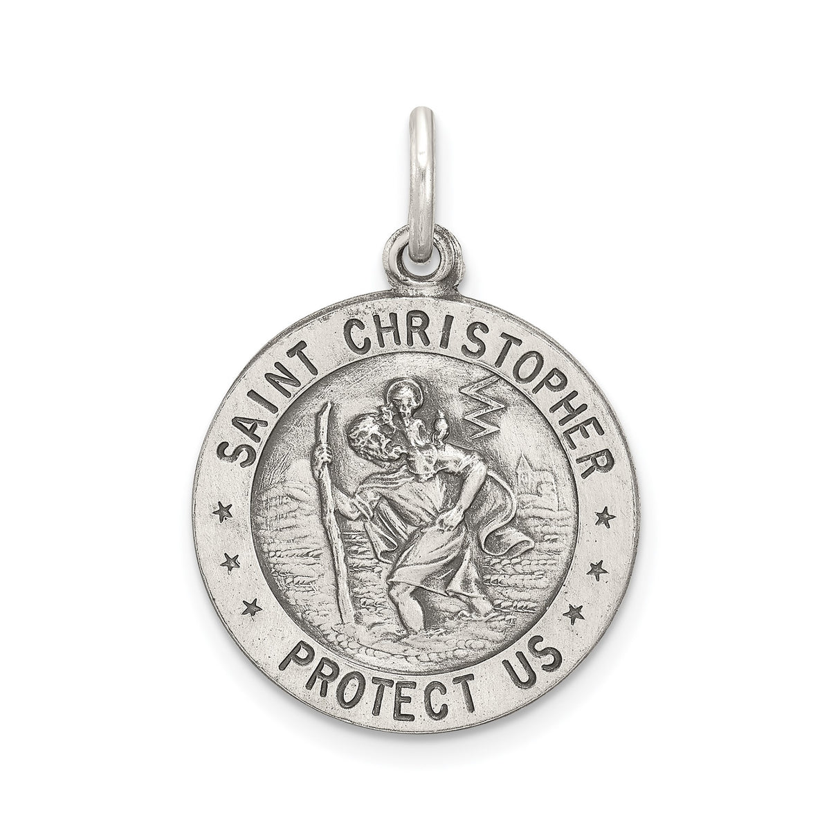 Sterling Silver Saint Christopher Pendant with Matte Antique Finish and Gold Chain