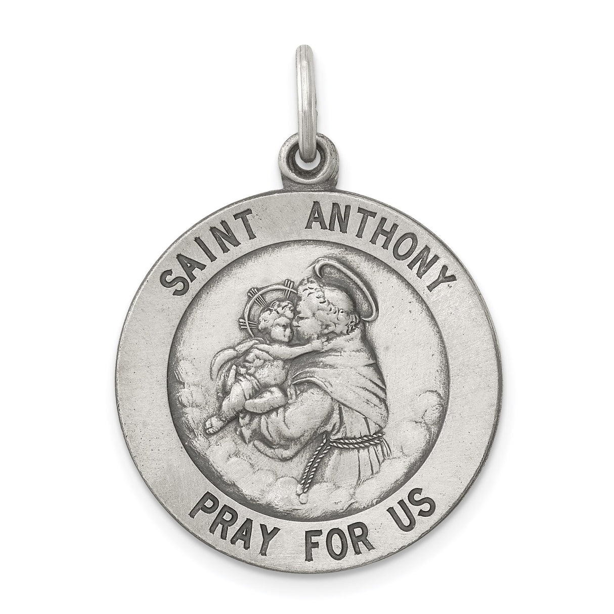 Sterling Silver Saint Anthony Medal Pendant with Raised Image and Pray for Us Text