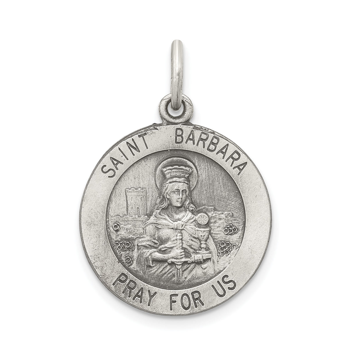 Sterling Silver Saint Barbara Pendant with Pray for Us Inscription, Catholic Religious Medal