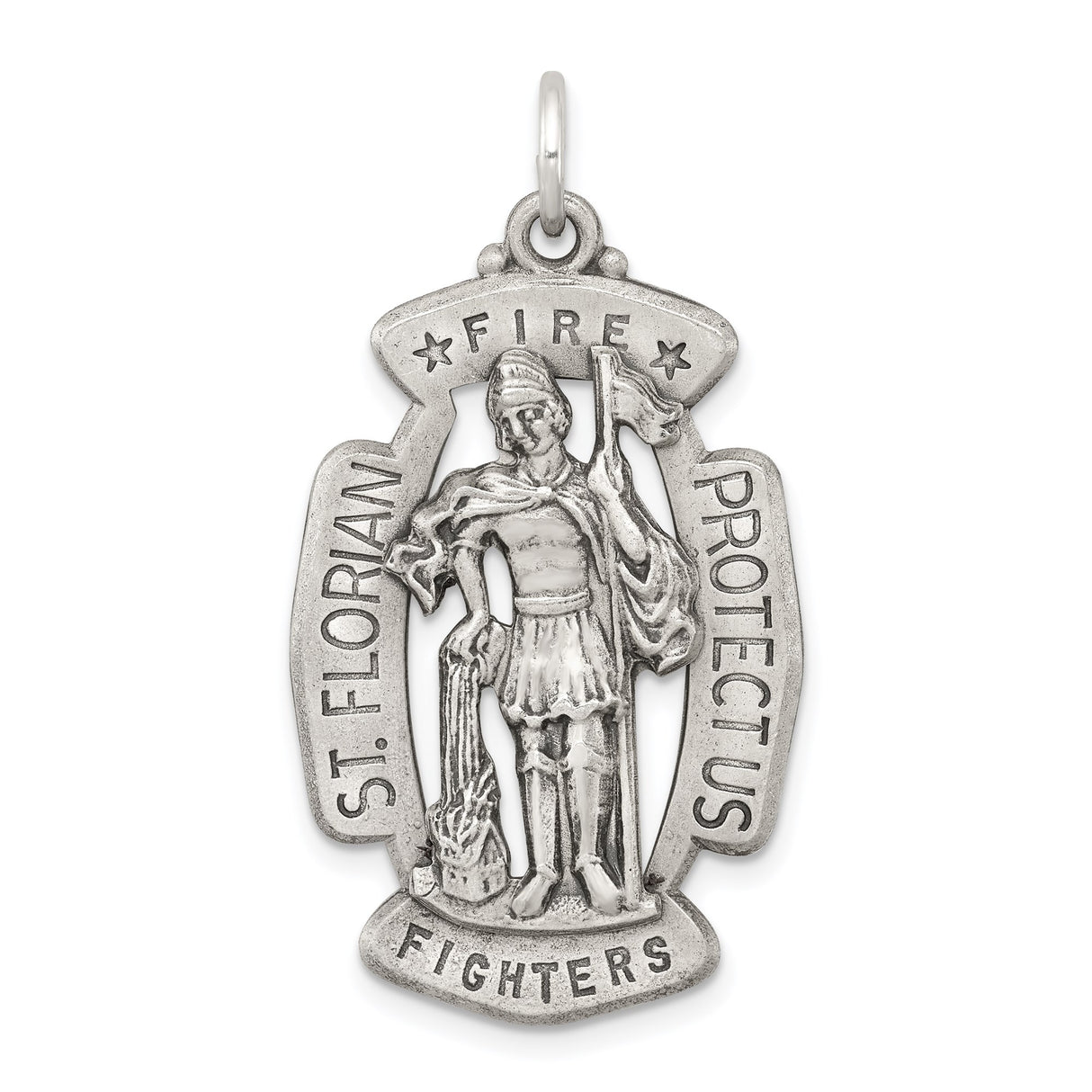 Sterling Silver Saint Florian Pendant, Firefighter Medal with Protect Us Inscription, Religious Jewelry