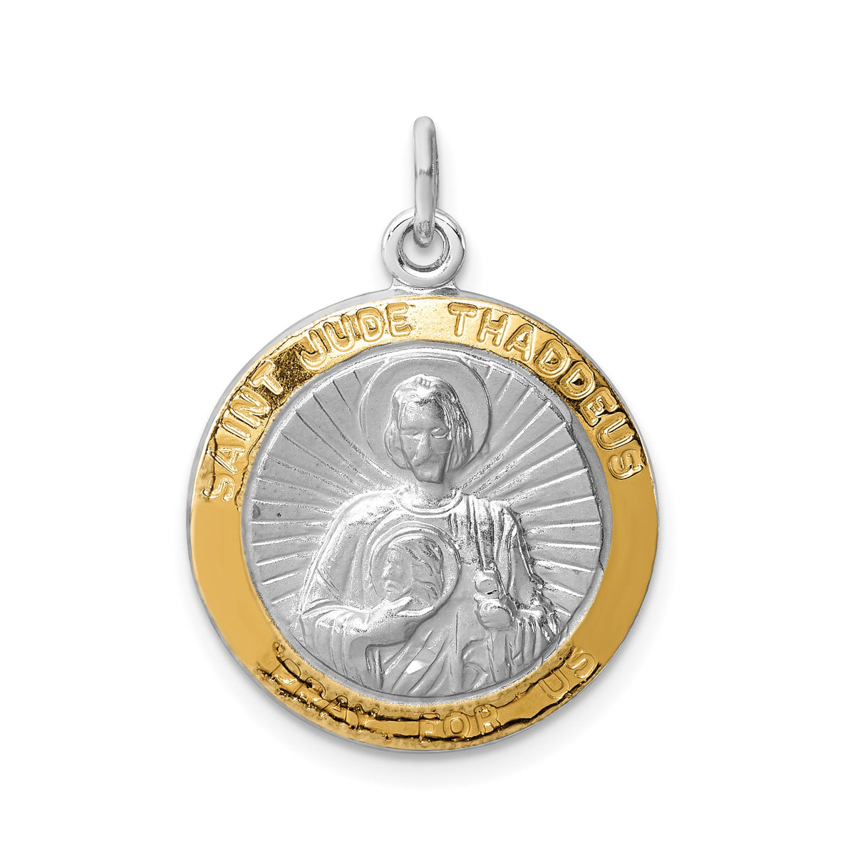 Sterling Silver Saint Jude Thaddeus Medal Pendant with Gold Border, Catholic Religious Charm