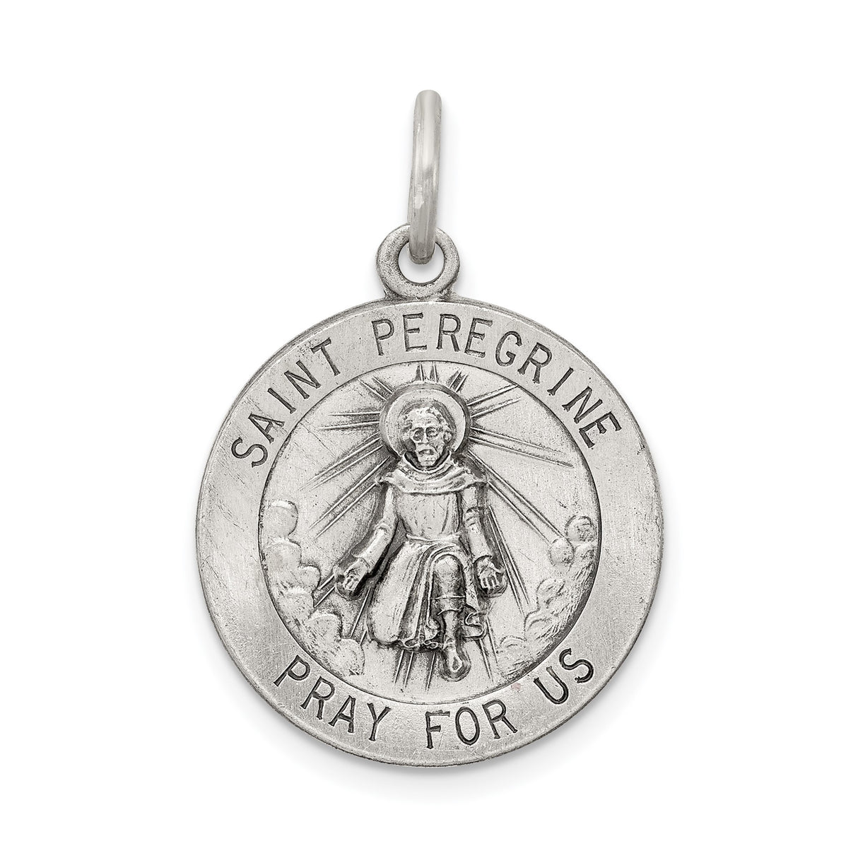 Sterling Silver Saint Peregrine Pendant, Catholic Healing Medal with Raised Image and Prayer Text