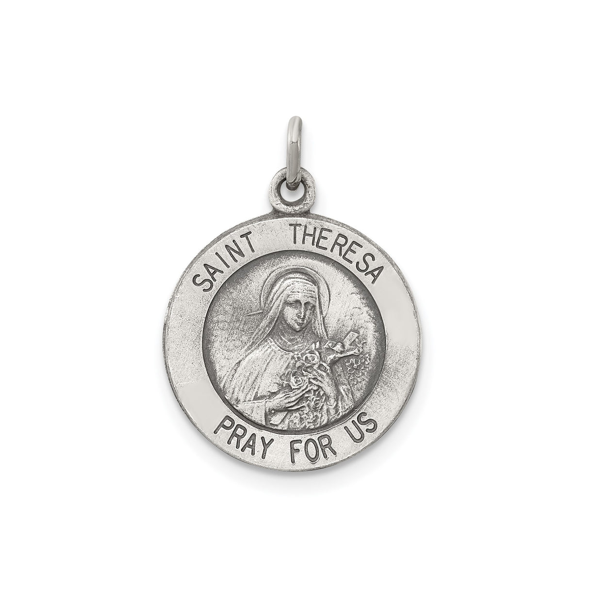 Sterling Silver Saint Theresa Pendant with Theresa Pray for Us Medal - Religious Jewelry