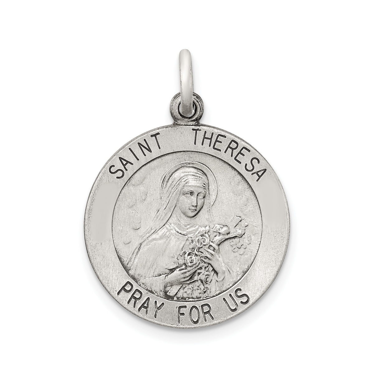 Sterling Silver Saint Theresa Pendant with Saint Image and Roses, Catholic Prayer Medal