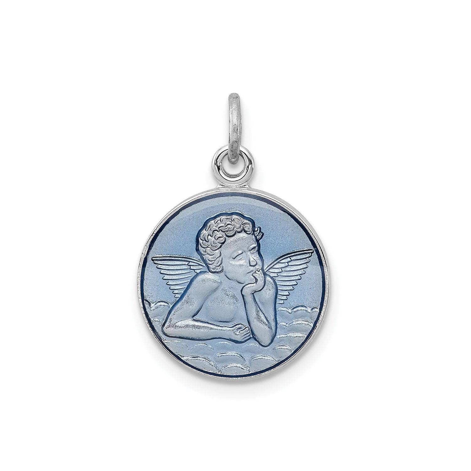Sterling Silver Angel Pendant with Epoxy Cherub Resting on Cloud, Renaissance Style