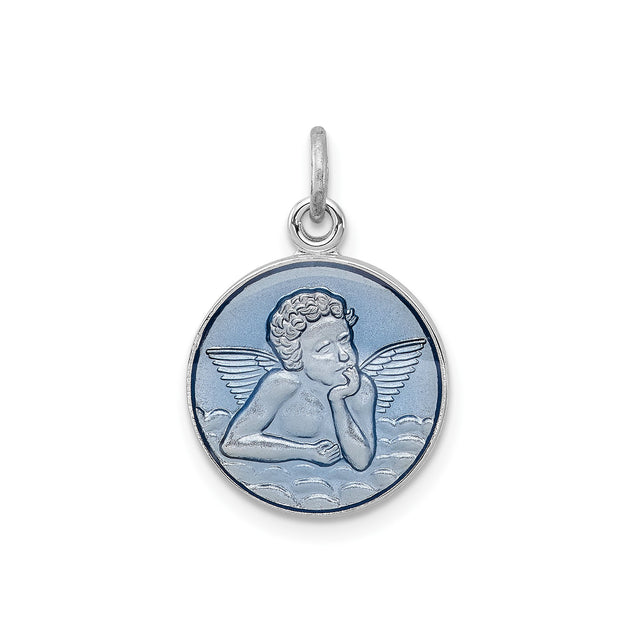 Sterling Silver Angel Pendant with Epoxy Cherub Resting on Cloud, Renaissance Style