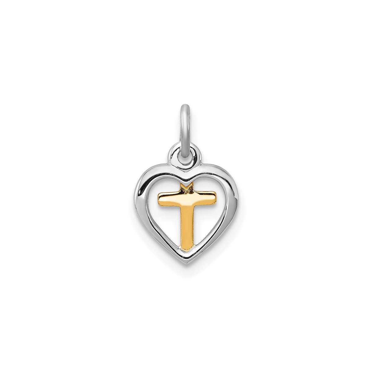 Sterling Silver Cross with Heart Charm Pendant, Polished Mixed Metal Faith Design