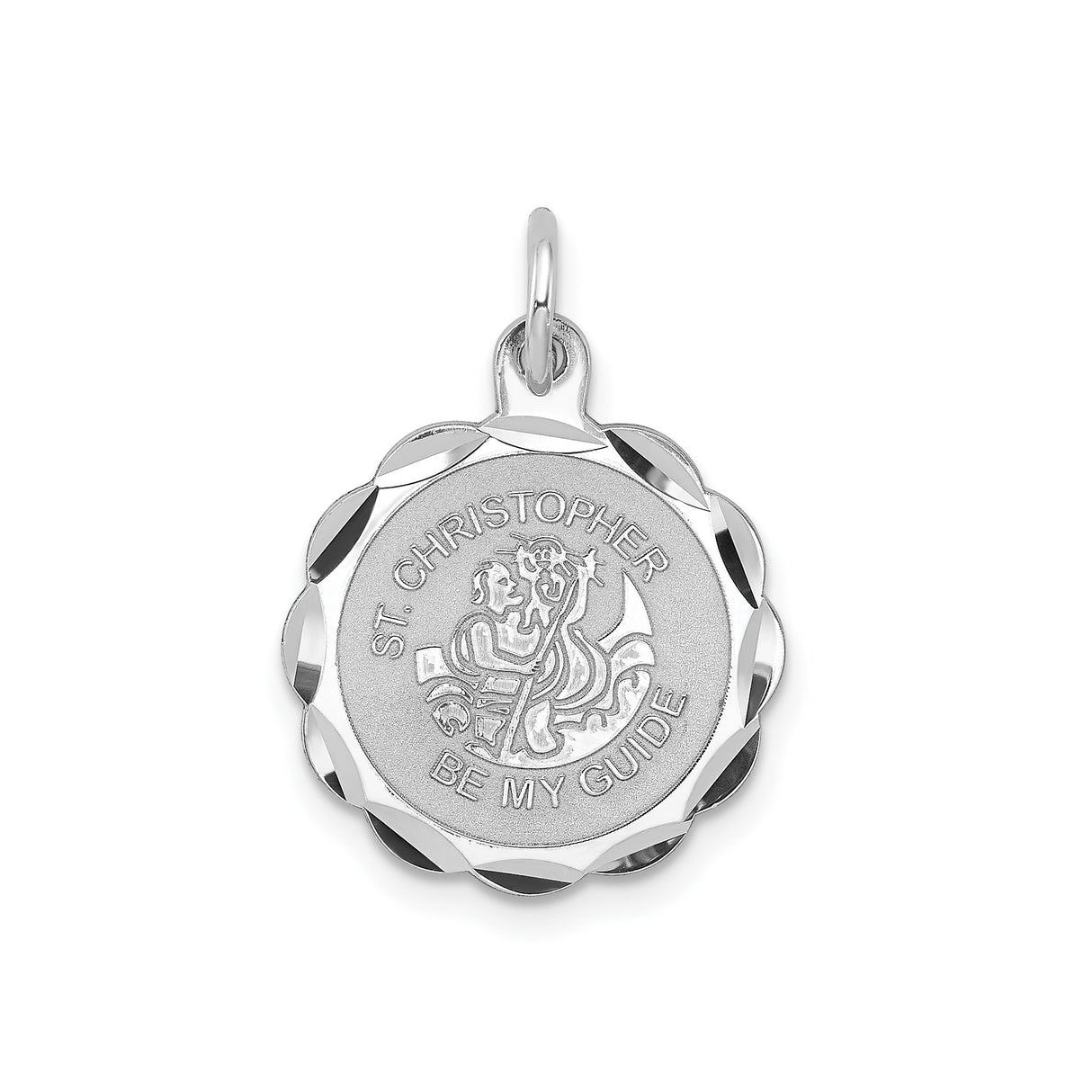 Sterling Silver Saint Christopher Medal Pendant with Faceted Edge Religious Design