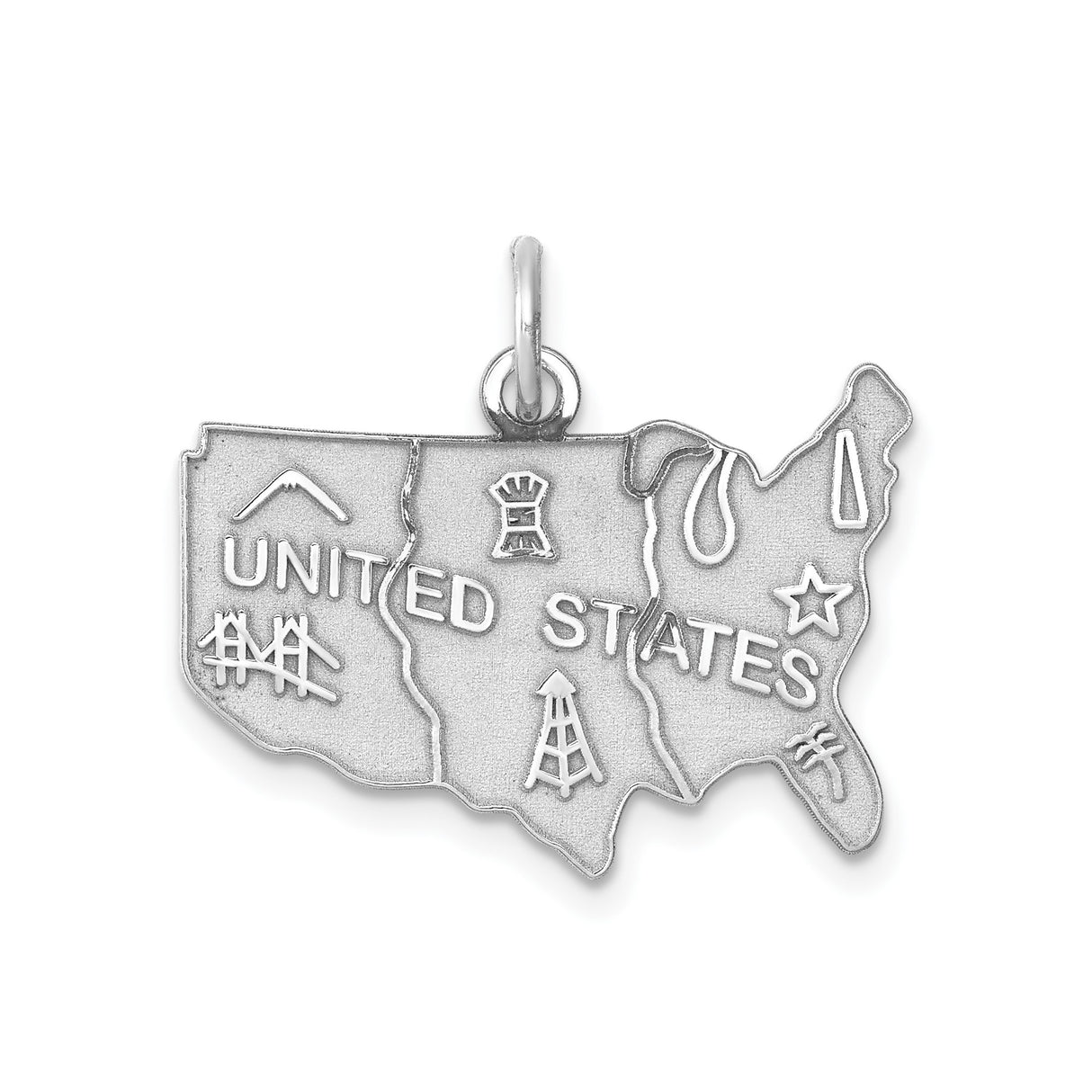 Sterling Silver USA Map Pendant with Oil Rig, Bridge, Mountain, and Star Symbols