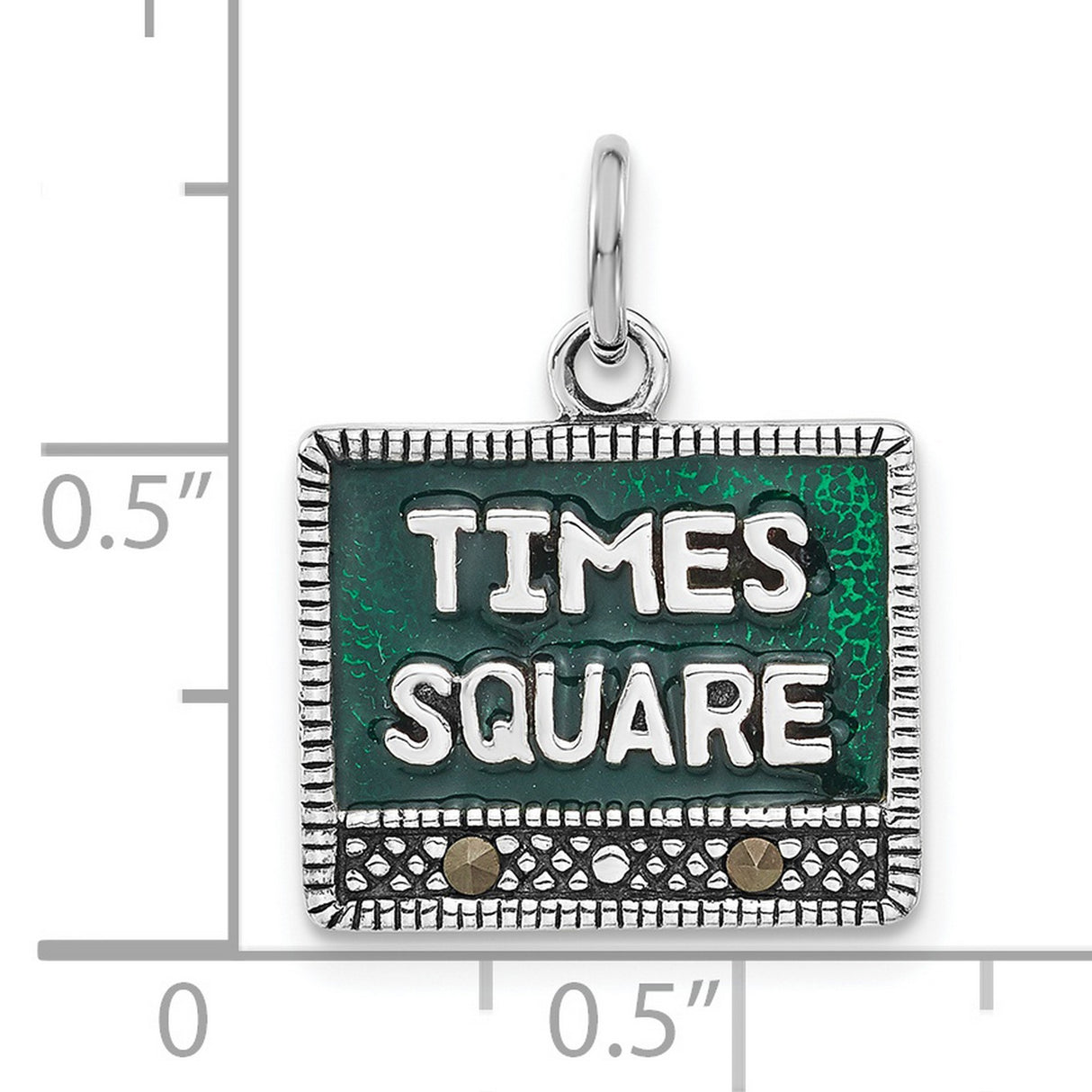 Sterling Silver Times Square Pendant with Green Enamel and Marcasite, NYC Souvenir Jewelry