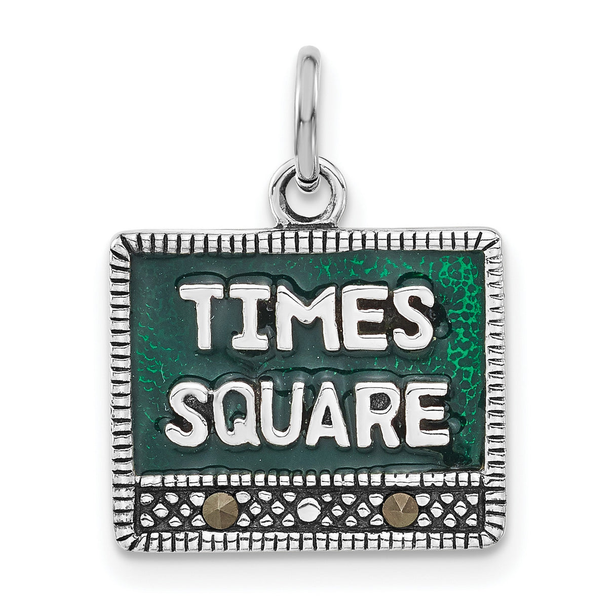 Sterling Silver Times Square Pendant with Green Enamel and Marcasite, NYC Souvenir Jewelry